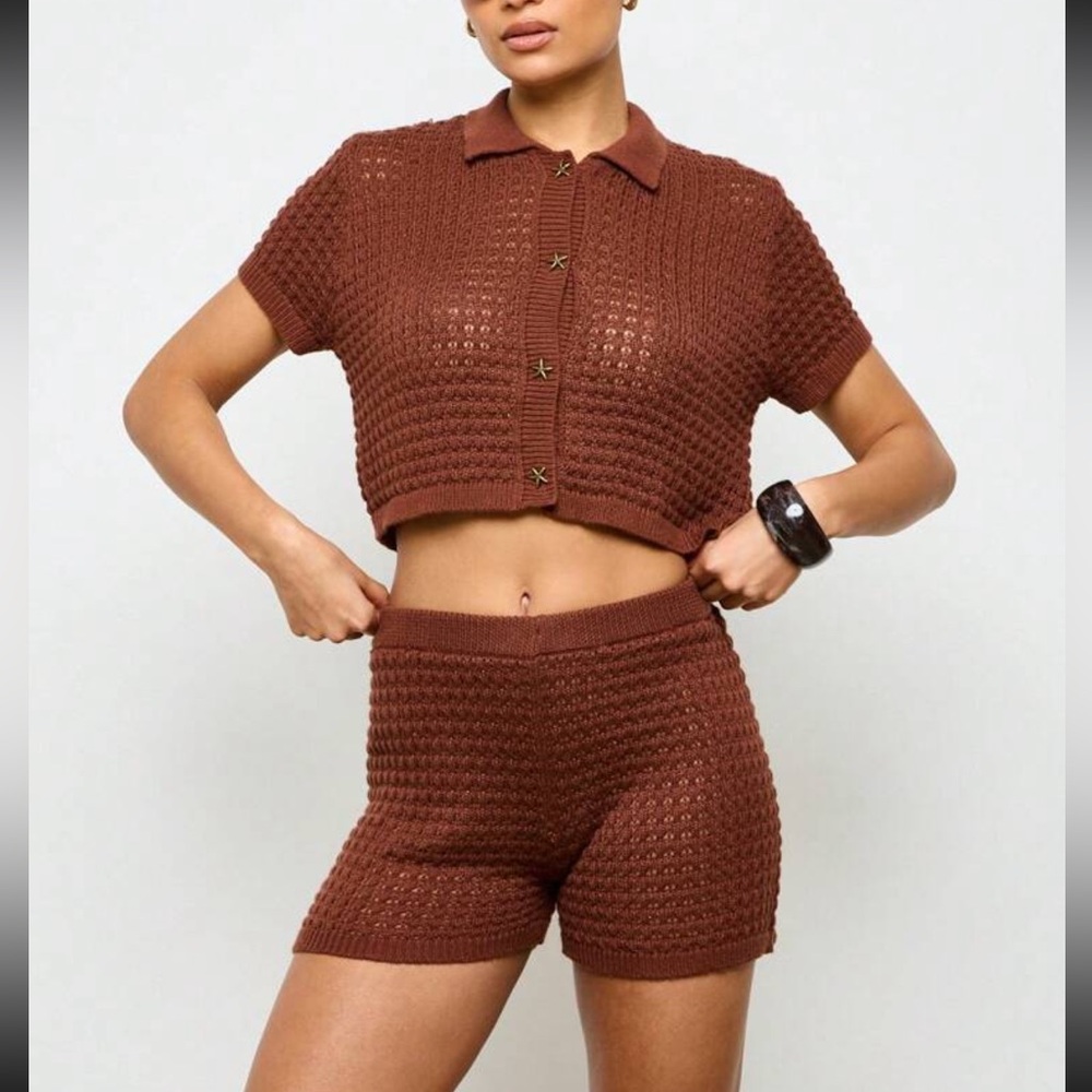 Brown knit crochet matching 2 piece set shorts, button short sleeve top cardigan